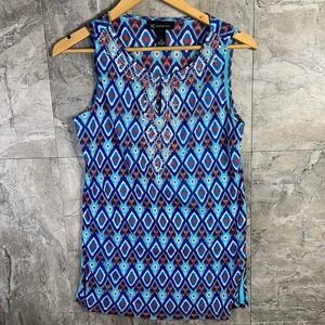 Blue and‎ brown sleeveless blouse with beaded neckline Woman's Medium #beadedtop